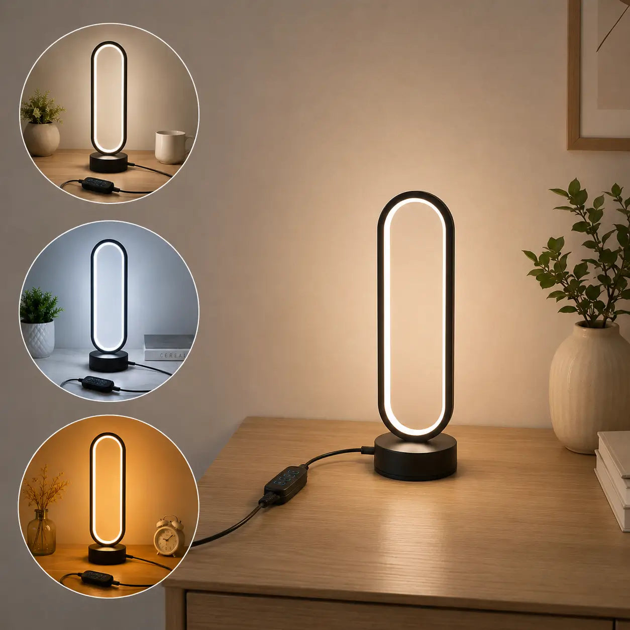 LED Ring Tischlampe – Minimalistische USB Nachttischlampe mit Dimmfunktion